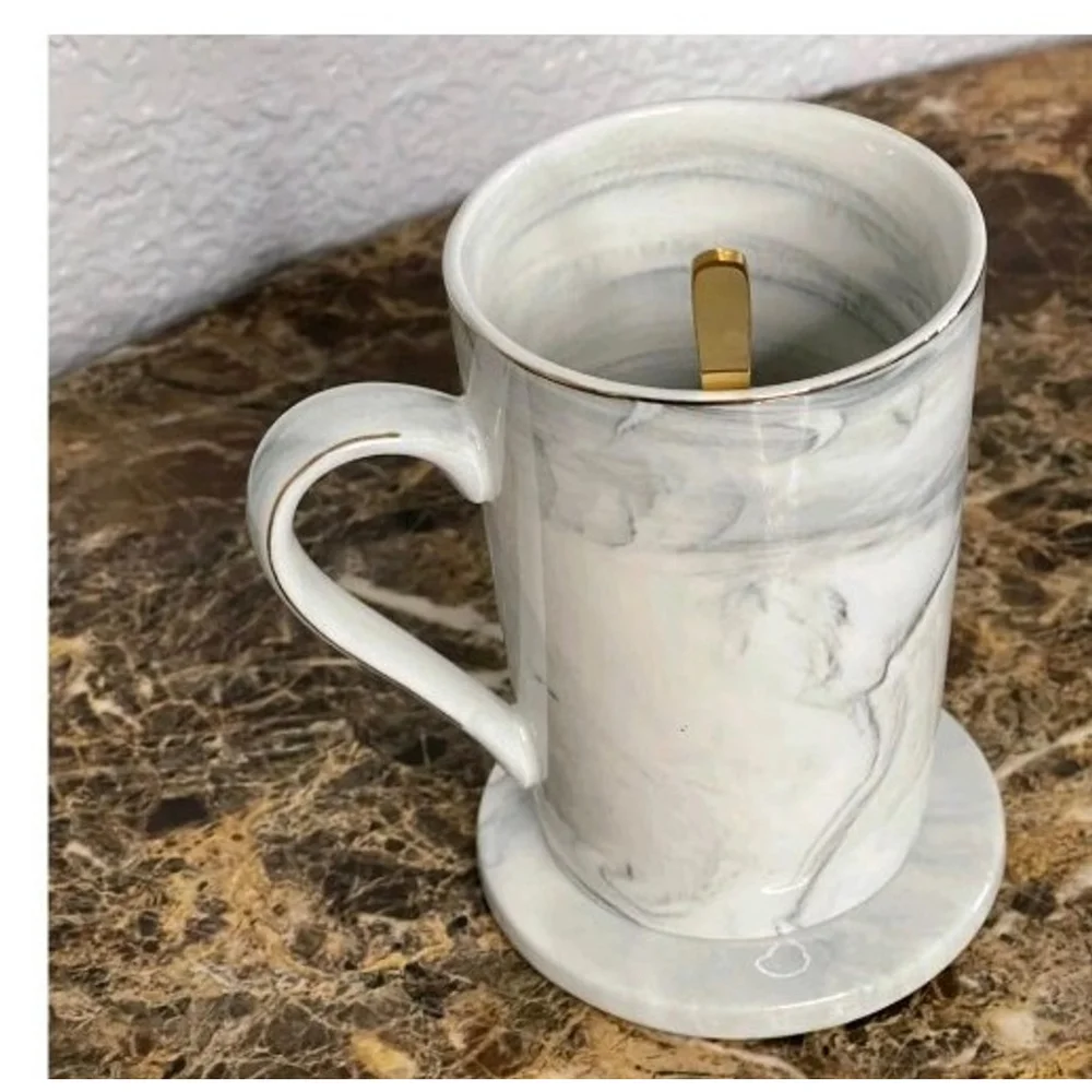 Best Mom Ever Mug White Marble Color Goldtone Spoon Coaster Tall Coffee Cup